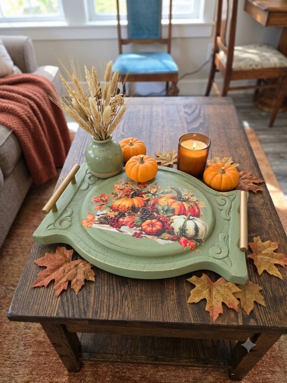 Green Wood Oval Pumpkin Serving Tray w/ Metal Handles, Matte, 15x10 in